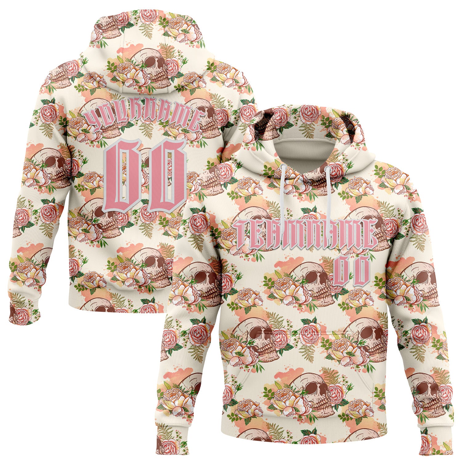 Custom Cream Medium Pink-White 3D Skull Roses Gothic Vintage Sports Pullover Sweatshirt Hoodie