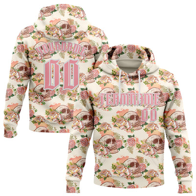 Custom Cream Medium Pink-White 3D Skull Roses Gothic Vintage Sports Pullover Sweatshirt Hoodie