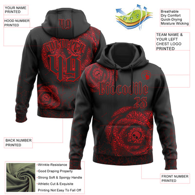 Custom Black Red 3D Skull Roses Gothic Vintage Sports Pullover Sweatshirt Hoodie