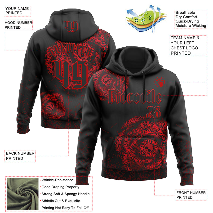 Custom Black Red 3D Skull Roses Gothic Vintage Sports Pullover Sweatshirt Hoodie