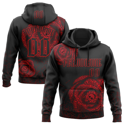 Custom Black Red 3D Skull Roses Gothic Vintage Sports Pullover Sweatshirt Hoodie