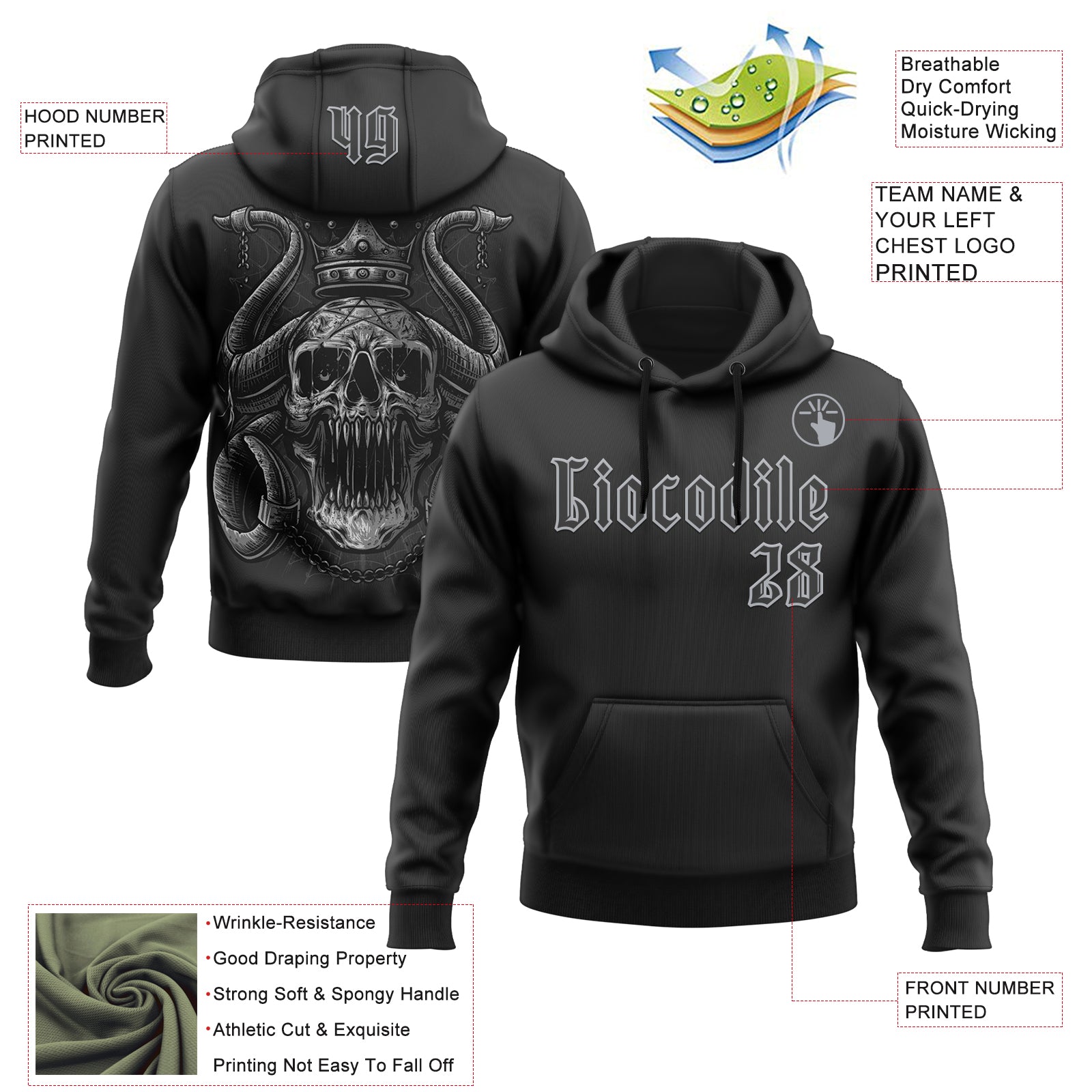 Custom Black Gray 3D Skull Gothic Horned Emperor Sports Pullover Sweatshirt Hoodie