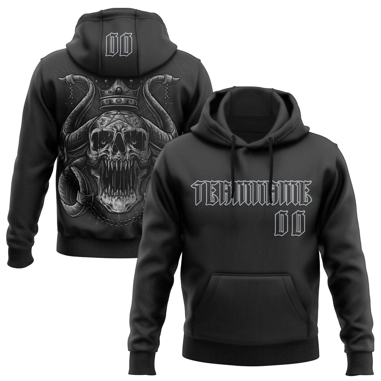 Custom Black Gray 3D Skull Gothic Horned Emperor Sports Pullover Sweatshirt Hoodie