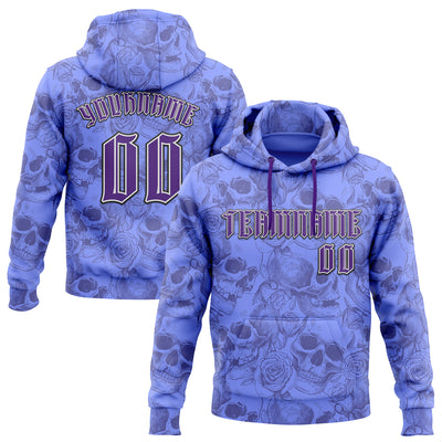 Custom Purple White-Black 3D Skull Roses Gothic Vintage Sports Pullover Sweatshirt Hoodie