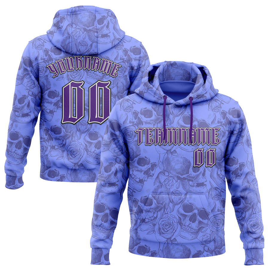 Custom Purple White-Black 3D Skull Roses Gothic Vintage Sports Pullover Sweatshirt Hoodie
