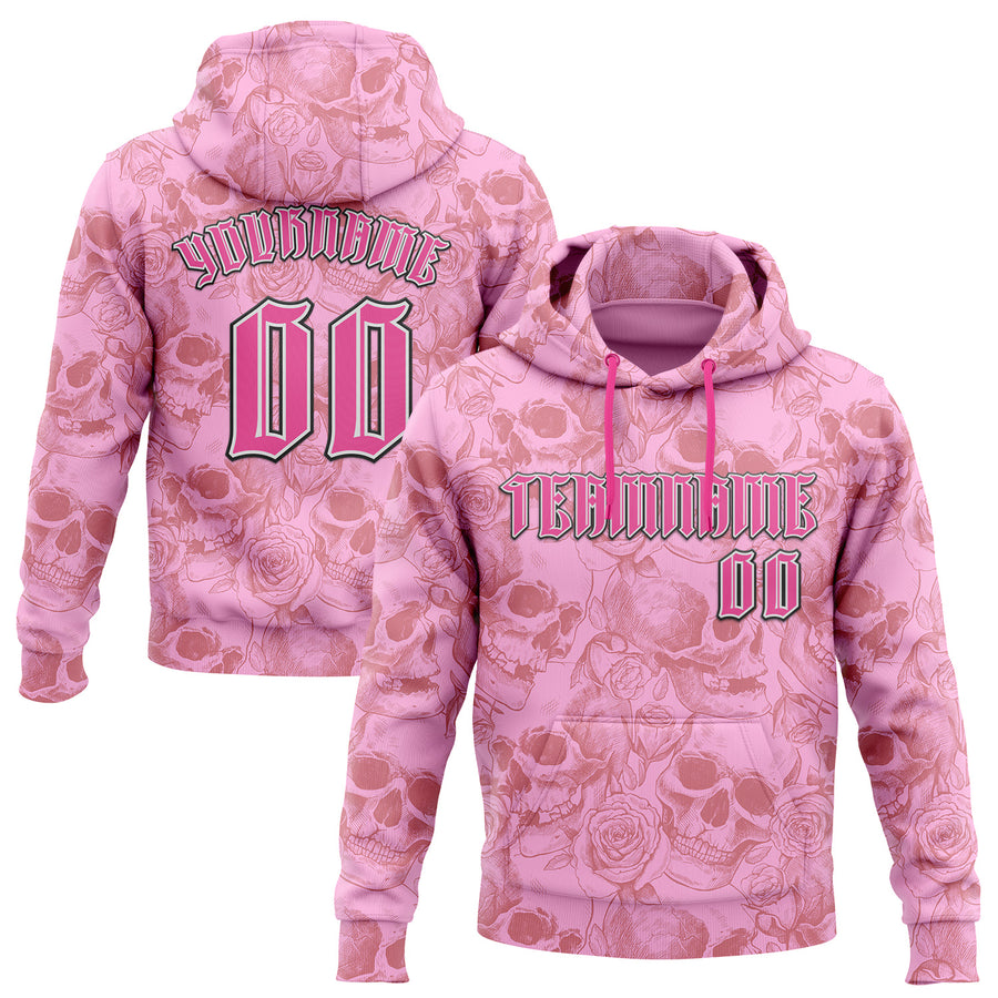 Custom Pink White-Black 3D Skull Roses Gothic Vintage Sports Pullover Sweatshirt Hoodie