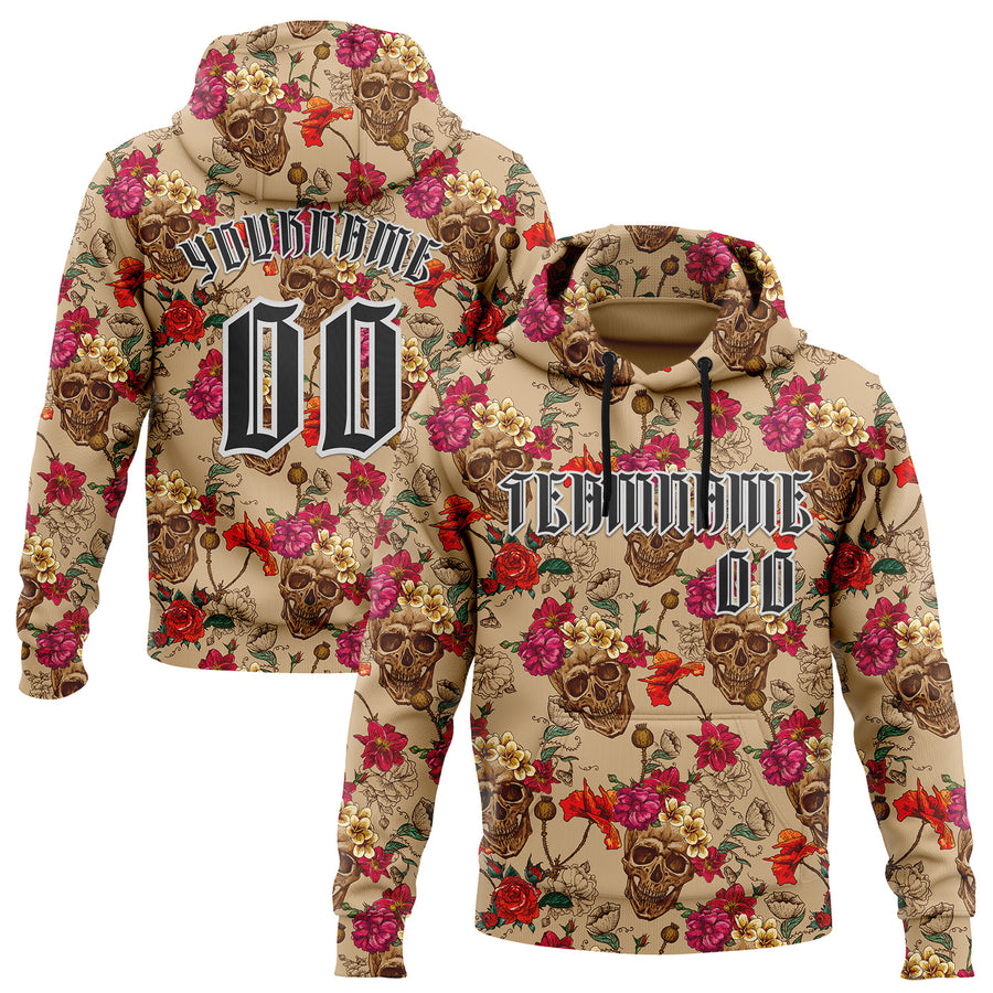 Custom Brown Black-White 3D Skull Roses Gothic Floral Vintage Sports Pullover Sweatshirt Hoodie