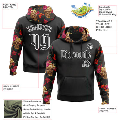 Custom Black White 3D Skull Roses Gothic Floral Vintage Sports Pullover Sweatshirt Hoodie