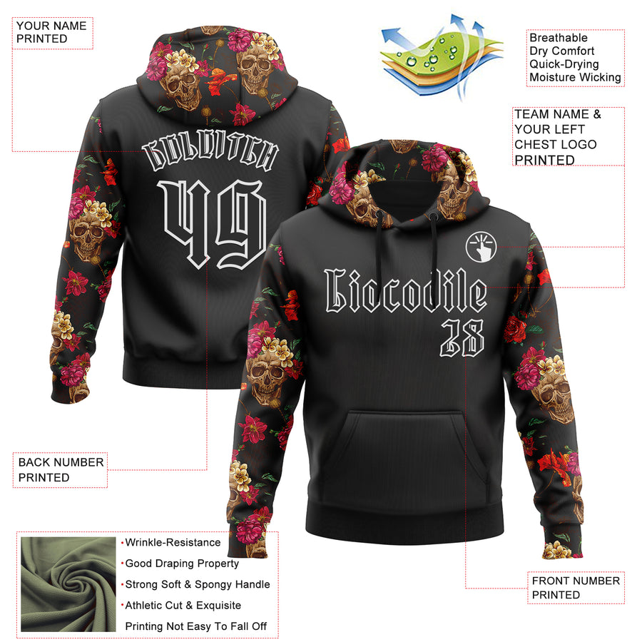 Custom Black White 3D Skull Roses Gothic Floral Vintage Sports Pullover Sweatshirt Hoodie