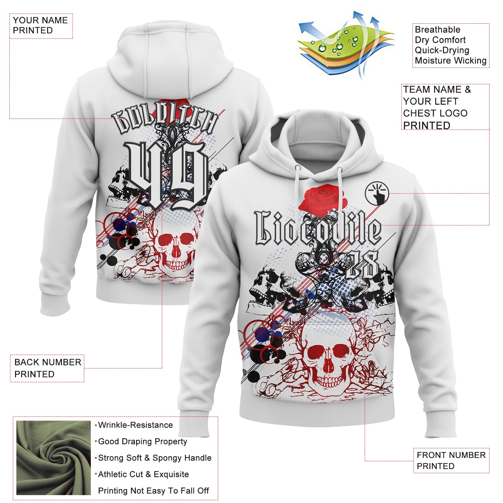Custom White Black 3D Skull Roses Gothic Sports Pullover Sweatshirt Hoodie