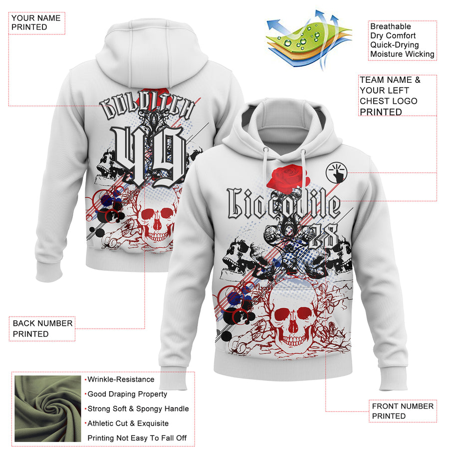 Custom White Black 3D Skull Roses Gothic Sports Pullover Sweatshirt Hoodie
