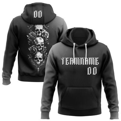 Custom Black White 3D Skull Roses Gothic Vintage Sports Pullover Sweatshirt Hoodie