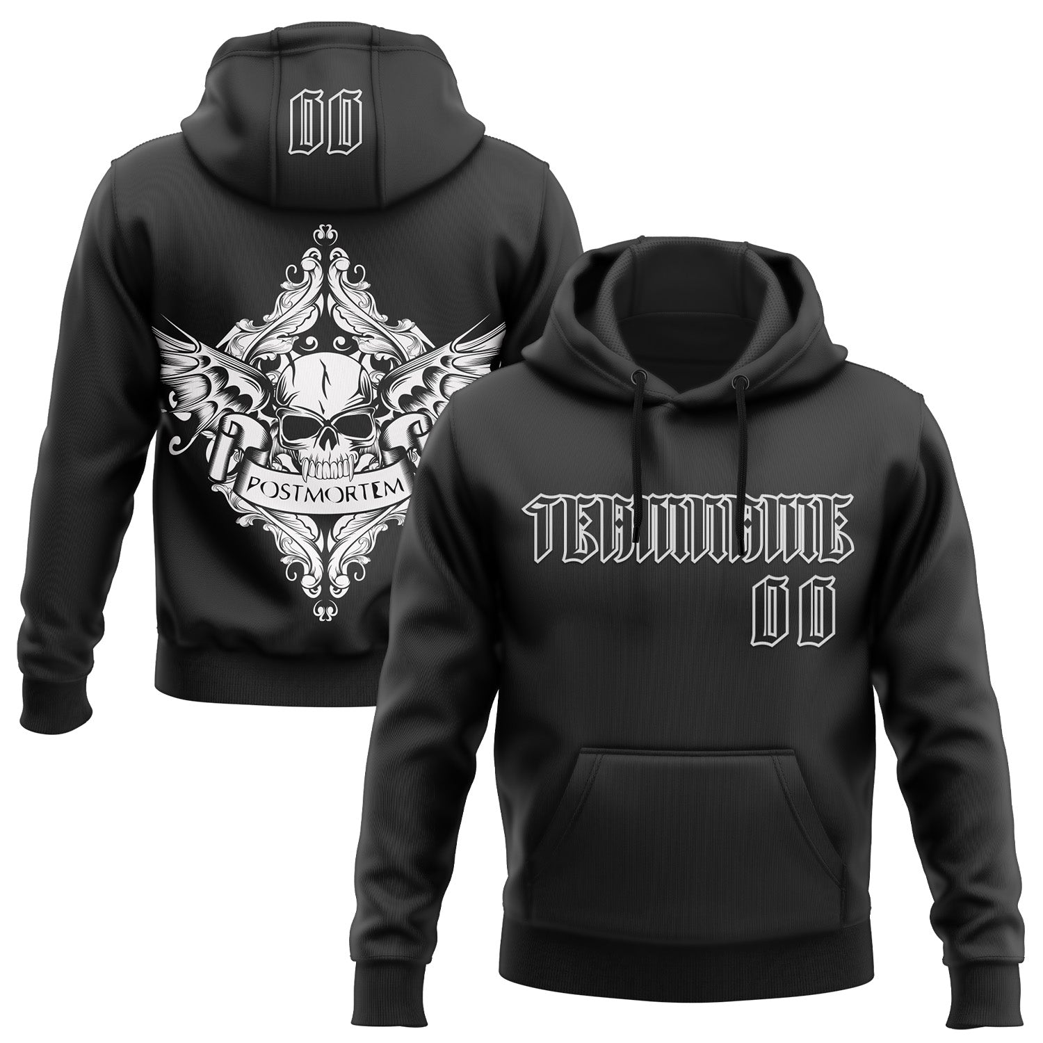 Custom Black White 3D Skull Gothic Postmortem Vintage Sports Pullover Sweatshirt Hoodie