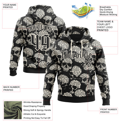 Custom Black Cream 3D Skull Gothic Vintage Grunge Art Sports Pullover Sweatshirt Hoodie
