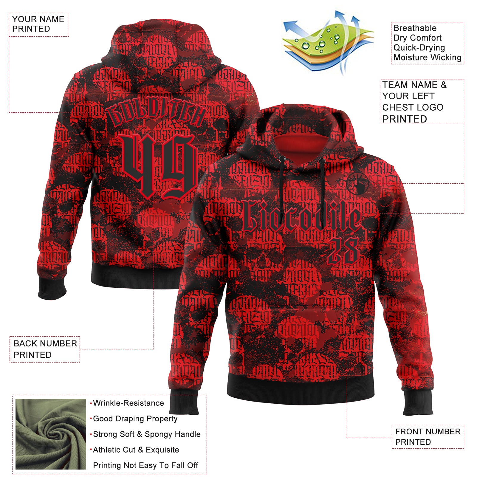 Custom Fire Red Black 3D Skull Gothic Vintage Grunge Art Sports Pullover Sweatshirt Hoodie