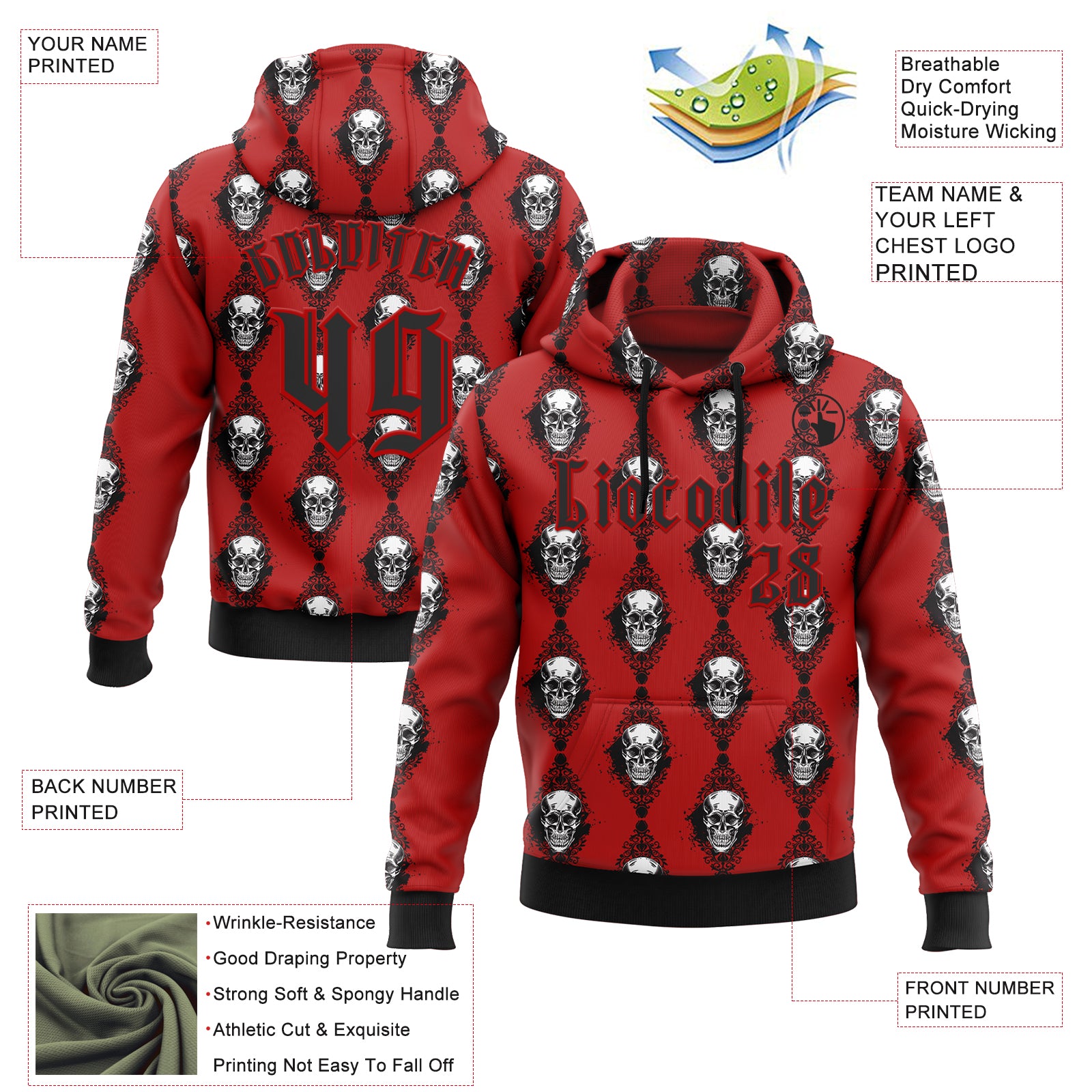 Custom Red Black 3D Skull Gothic Floral Pattern Diamond Grid Sports Pullover Sweatshirt Hoodie