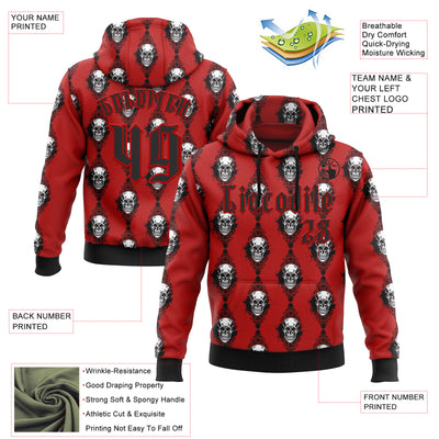 Custom Red Black 3D Skull Gothic Floral Pattern Diamond Grid Sports Pullover Sweatshirt Hoodie
