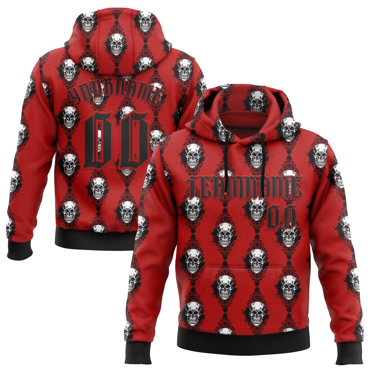 Custom Red Black 3D Skull Gothic Floral Pattern Diamond Grid Sports Pullover Sweatshirt Hoodie