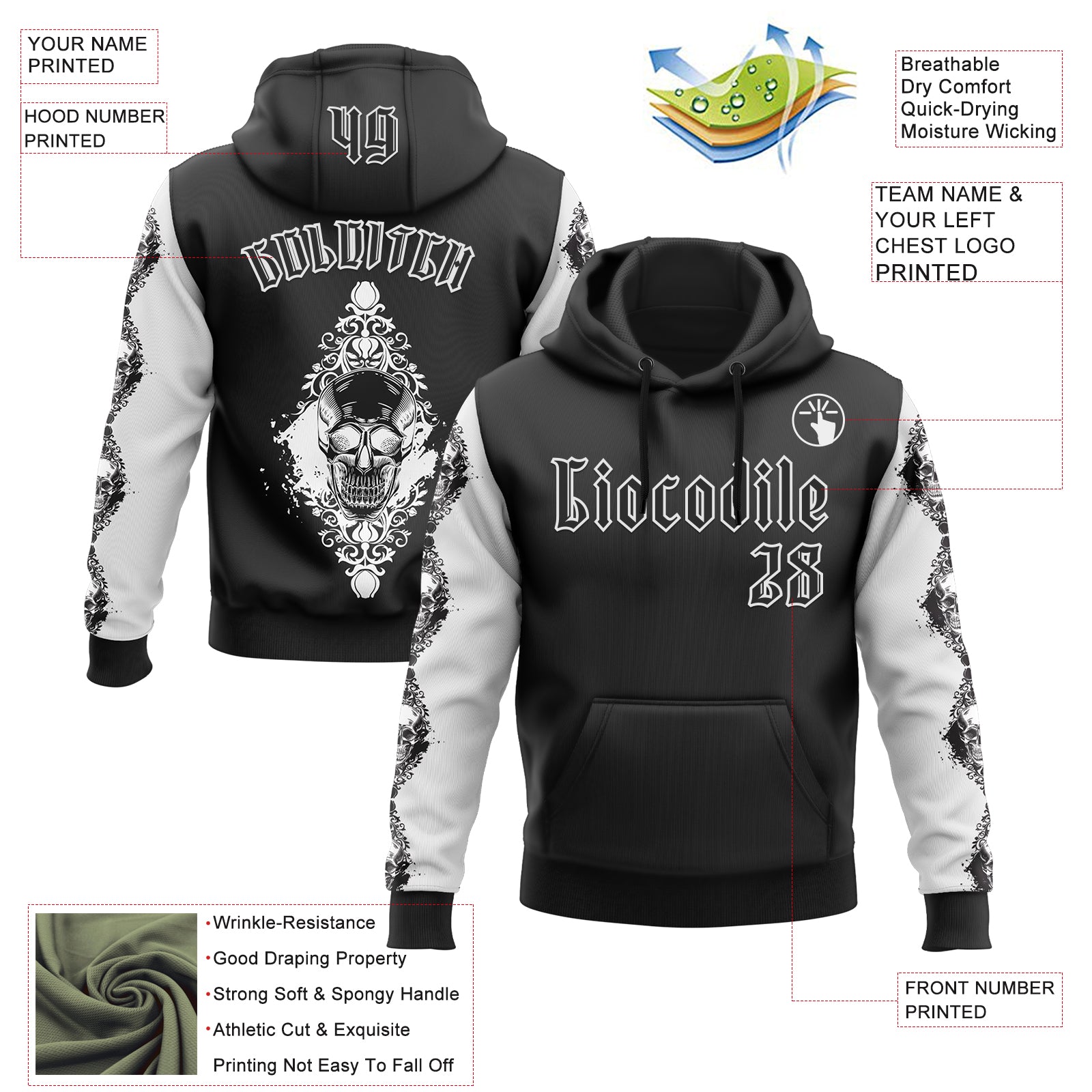 Custom Black White 3D Skull Gothic Floral Pattern Diamond Grid Sports Pullover Sweatshirt Hoodie