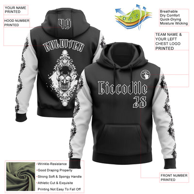 Custom Black White 3D Skull Gothic Floral Pattern Diamond Grid Sports Pullover Sweatshirt Hoodie
