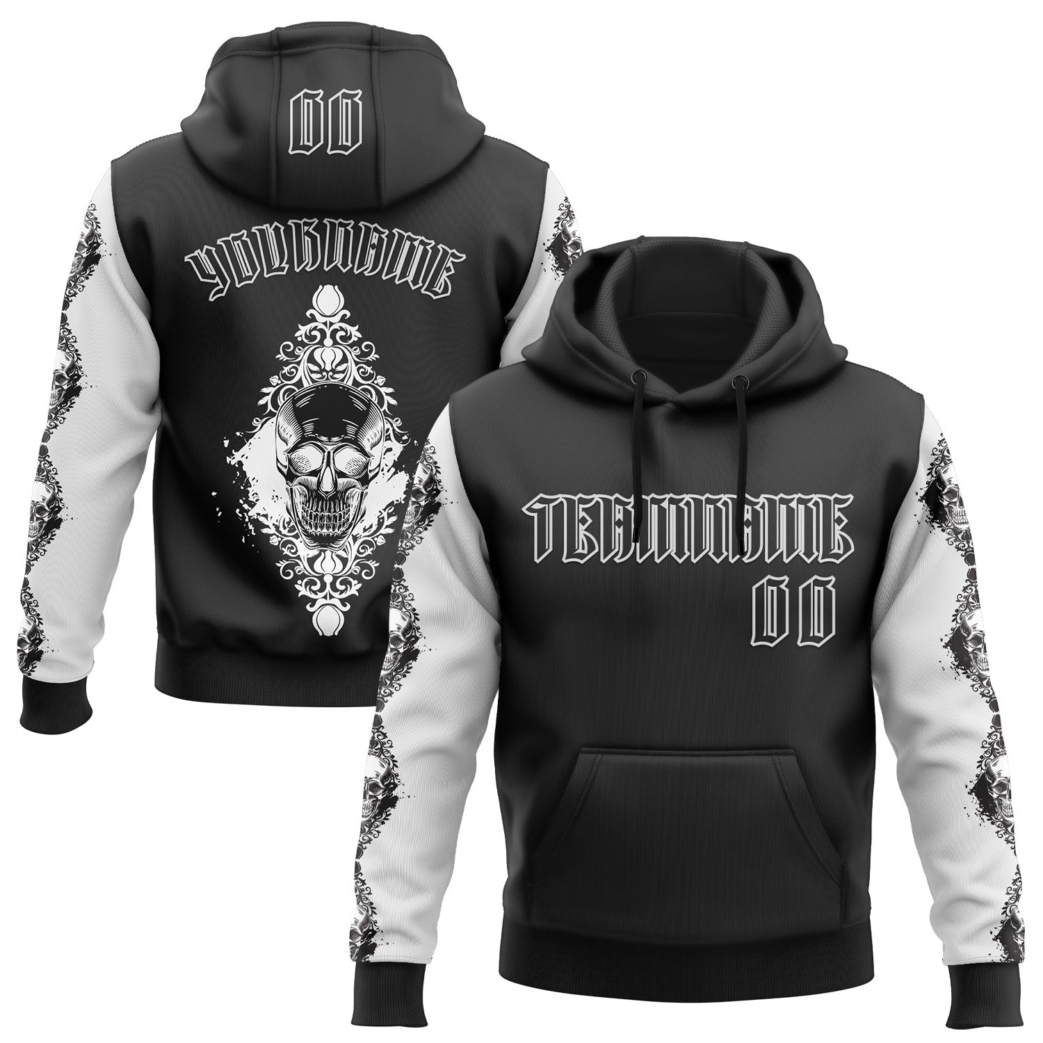 Custom Black White 3D Skull Gothic Floral Pattern Diamond Grid Sports Pullover Sweatshirt Hoodie