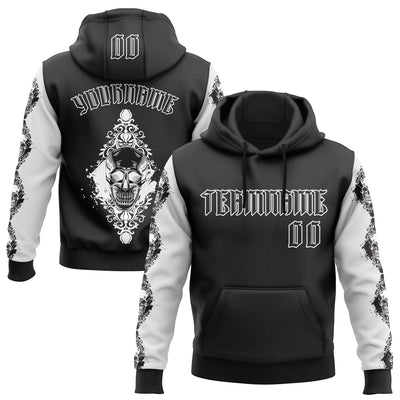 Custom Black White 3D Skull Gothic Floral Pattern Diamond Grid Sports Pullover Sweatshirt Hoodie