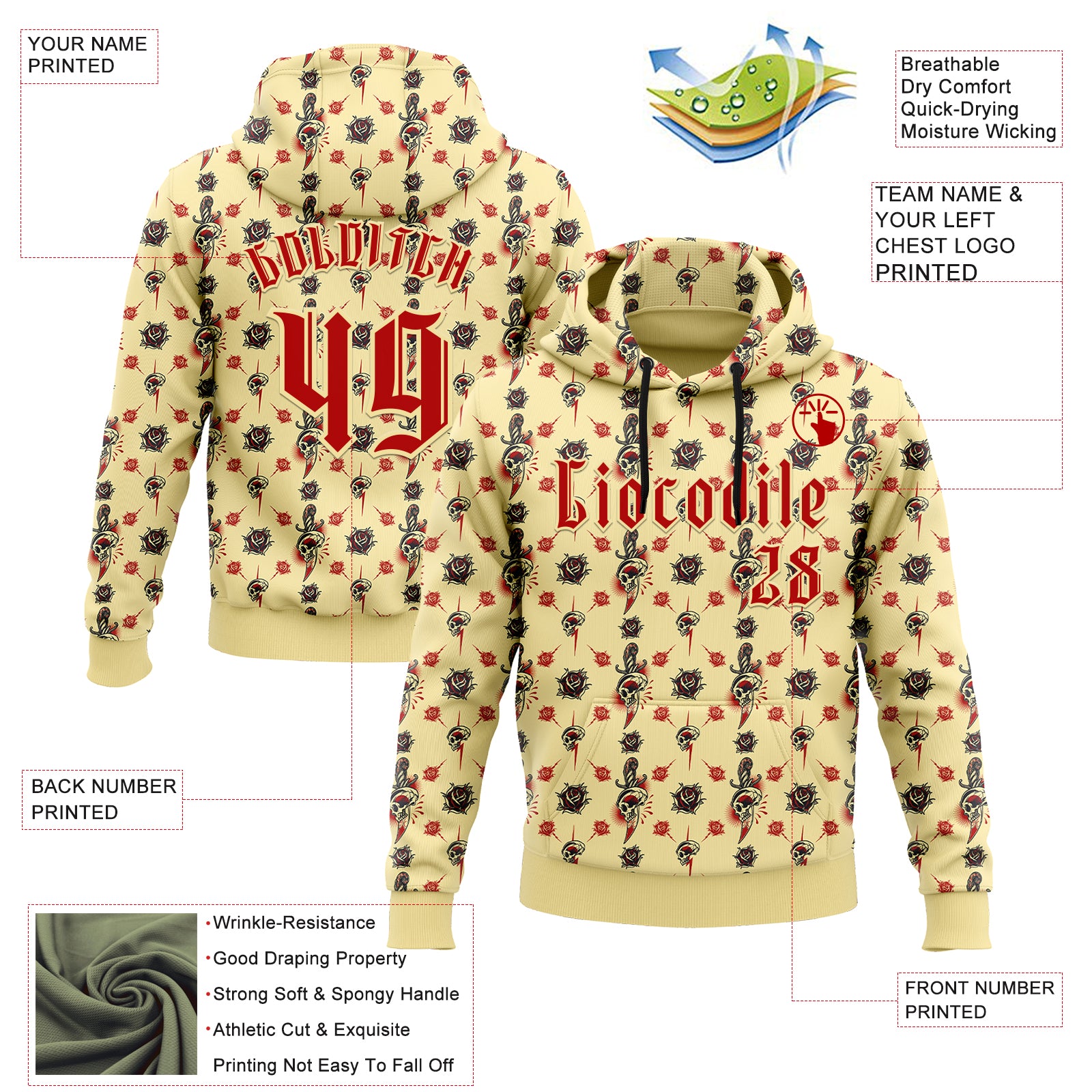 Custom Yellow Red 3D Skull Roses Gothic Sports Pullover Sweatshirt Hoodie