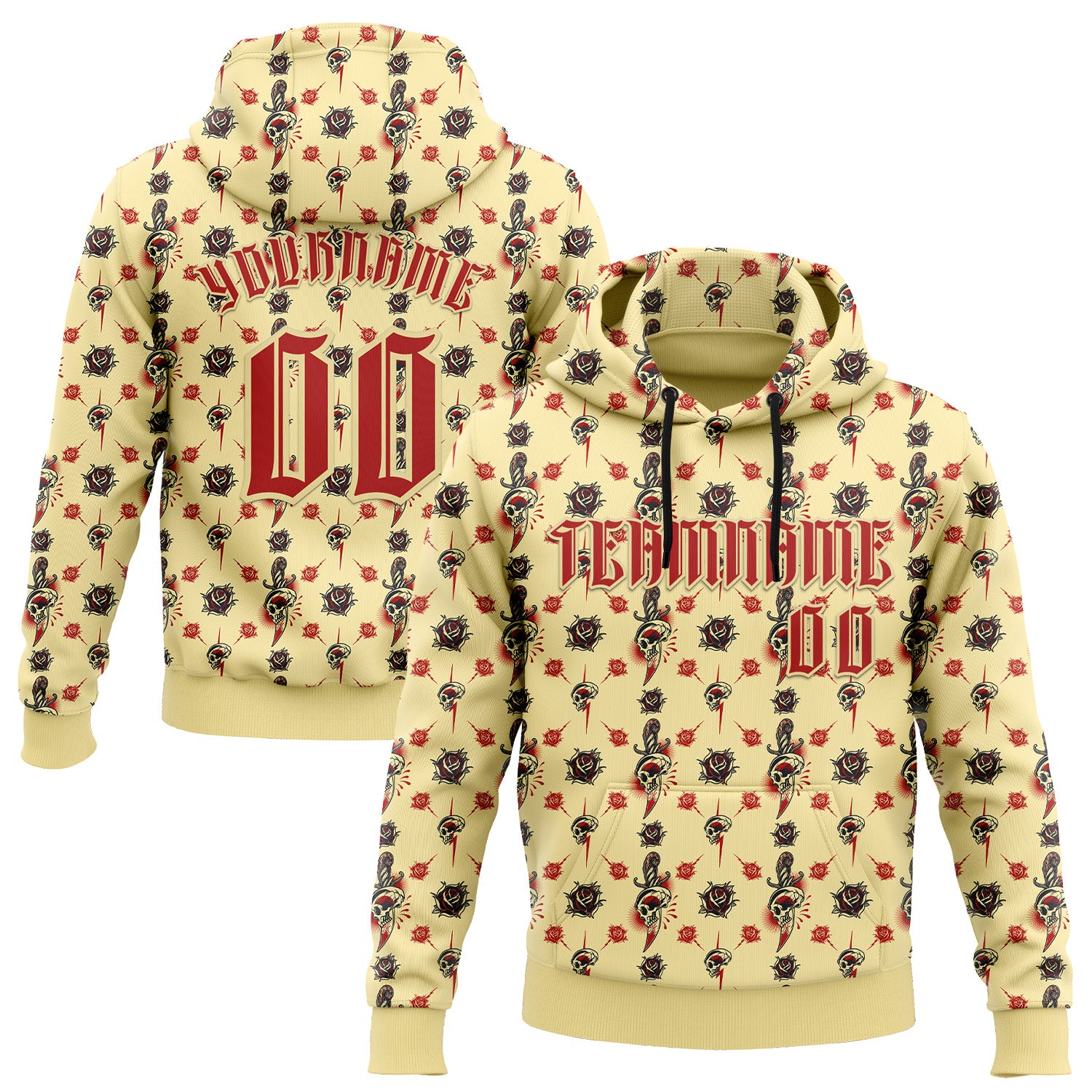 Custom Yellow Red 3D Skull Roses Gothic Sports Pullover Sweatshirt Hoodie