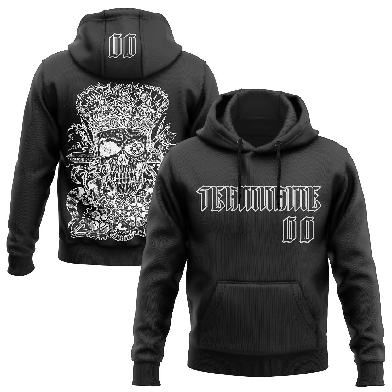 Custom Black White 3D Skull Gothic Emperor Vintage Grunge Art Sports Pullover Sweatshirt Hoodie