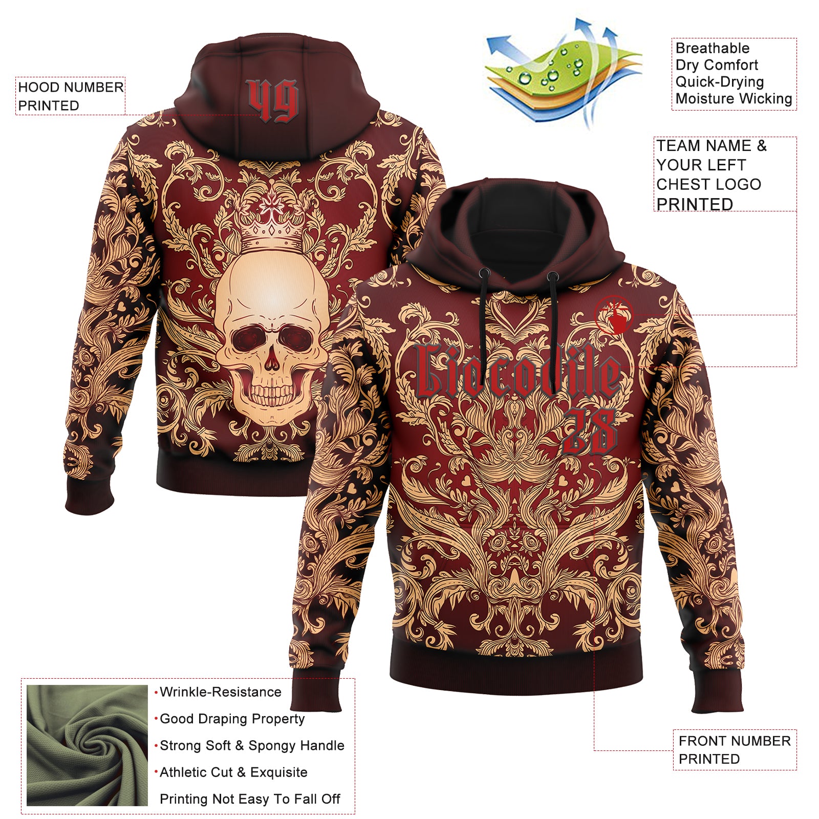 Custom Red Black 3D Skull Gothic Emperor Vintage Sports Pullover Sweatshirt Hoodie