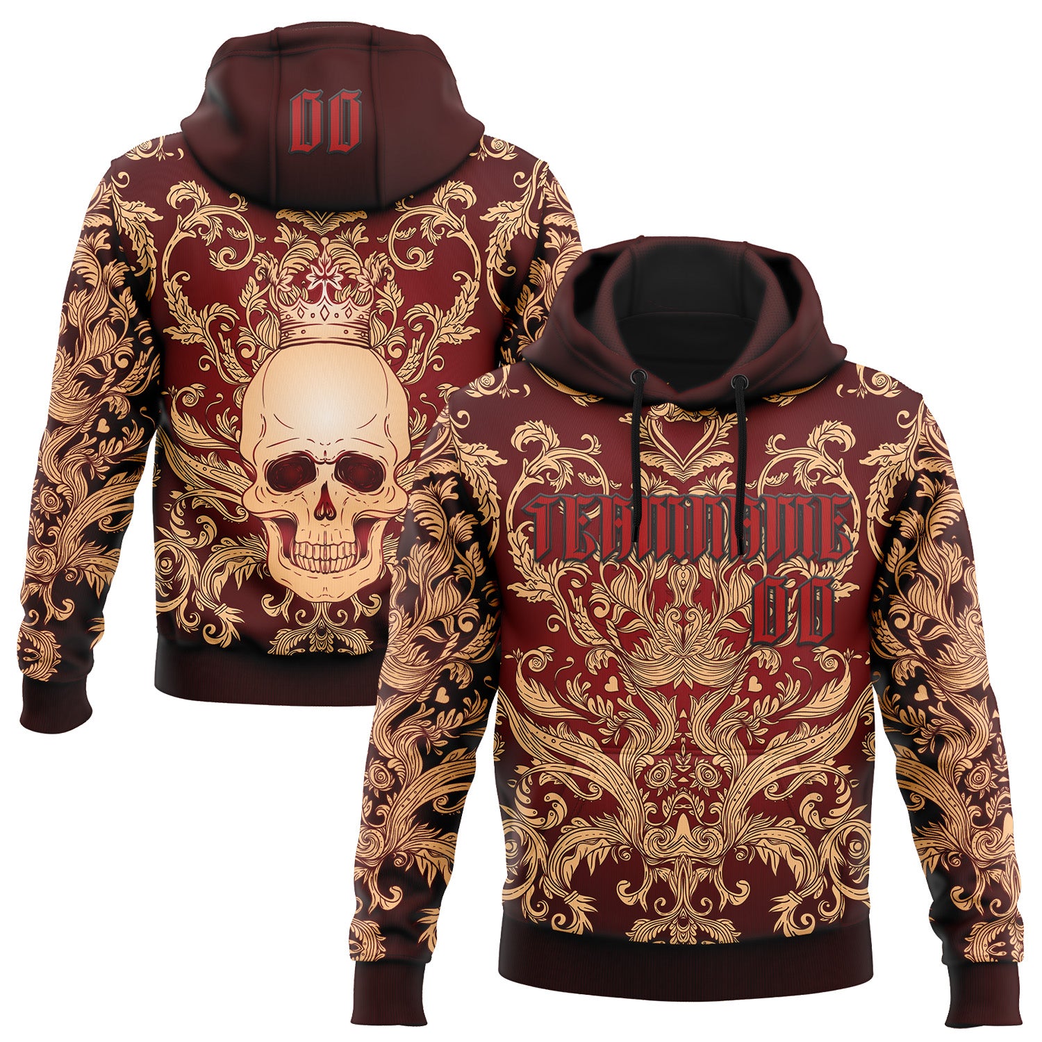 Custom Red Black 3D Skull Gothic Emperor Vintage Sports Pullover Sweatshirt Hoodie