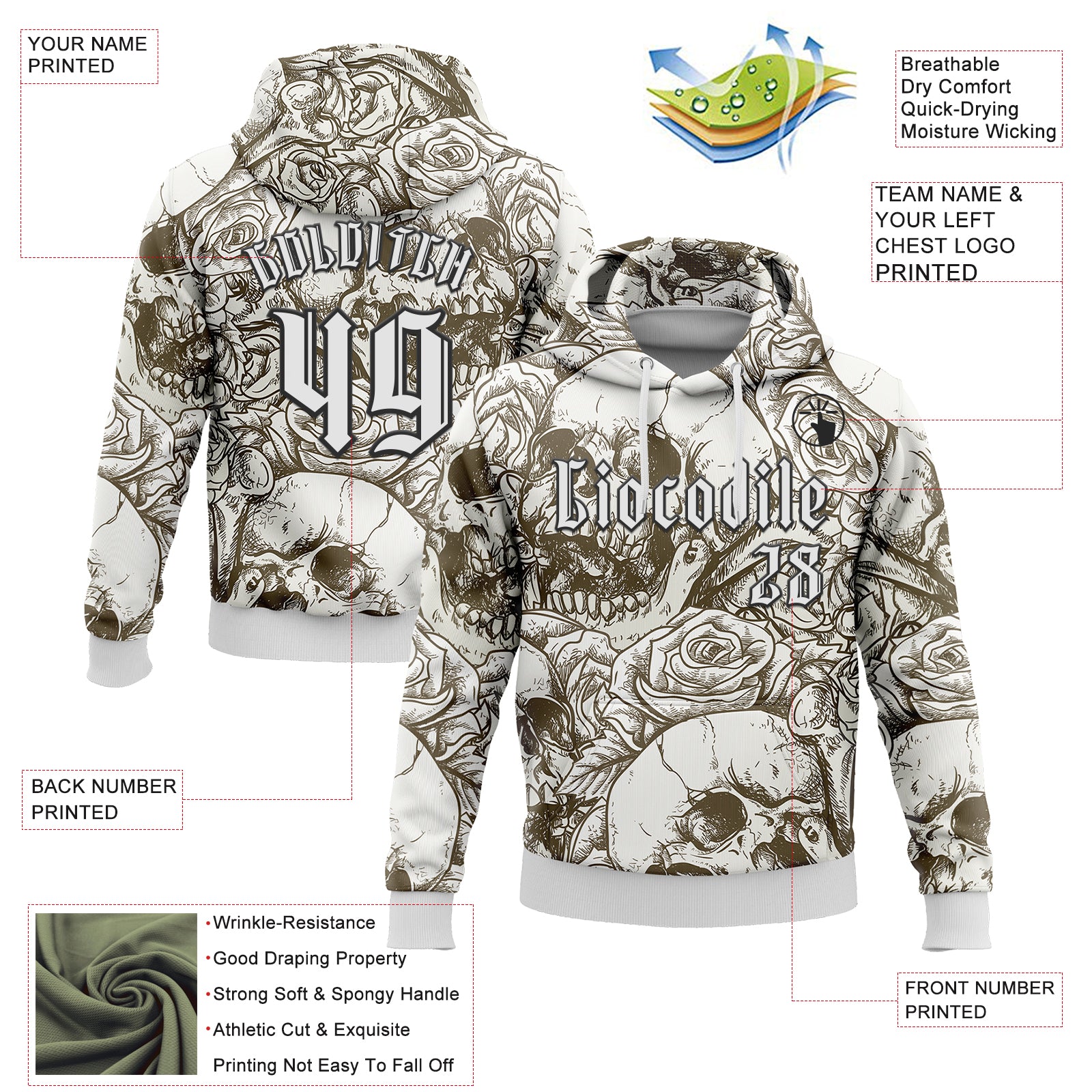 Custom White Black 3D Skull Roses Gothic Vintage Grunge Art Sports Pullover Sweatshirt Hoodie