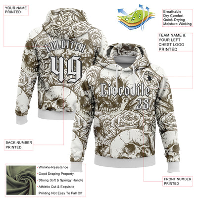 Custom White Black 3D Skull Roses Gothic Vintage Grunge Art Sports Pullover Sweatshirt Hoodie