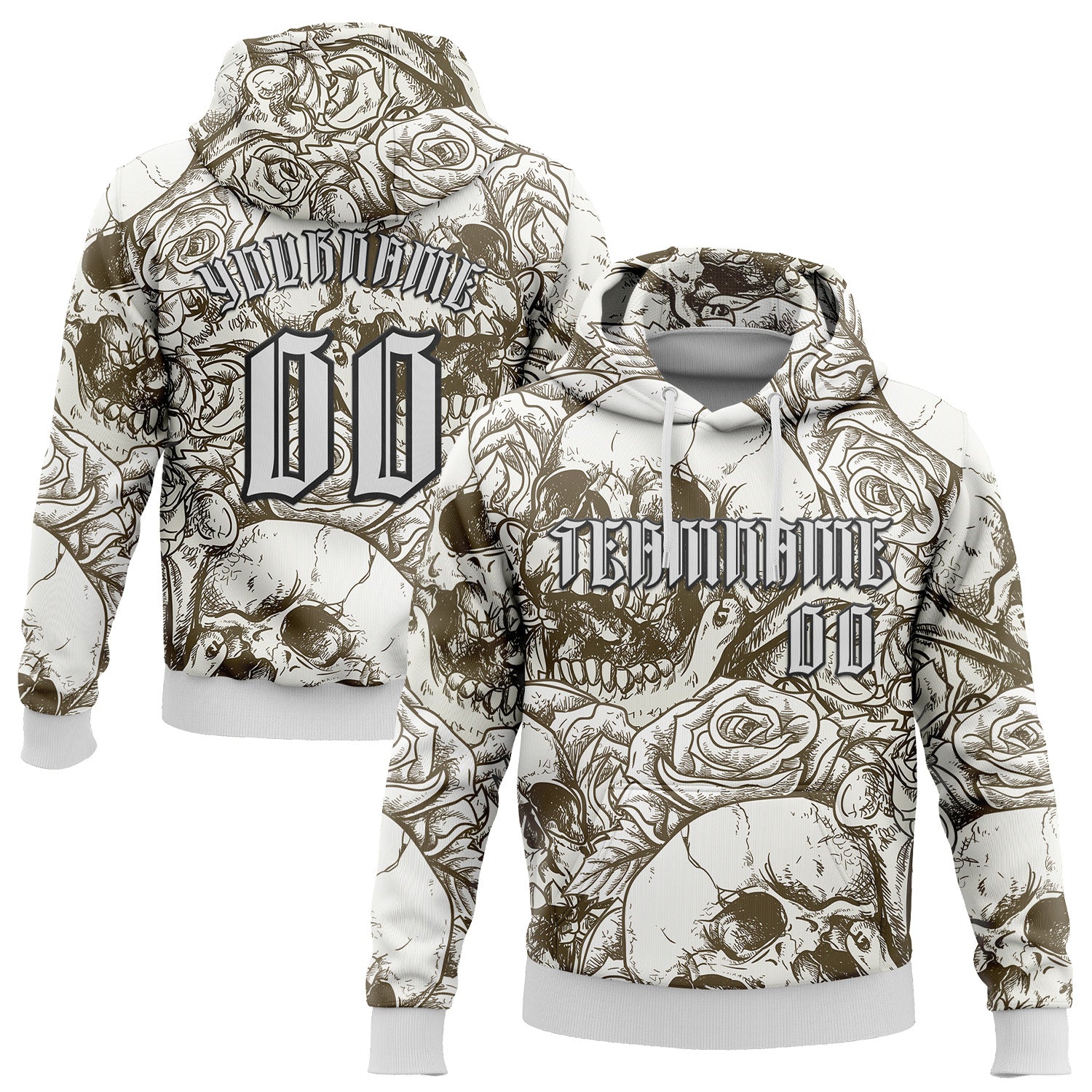 Custom White Black 3D Skull Roses Gothic Vintage Grunge Art Sports Pullover Sweatshirt Hoodie