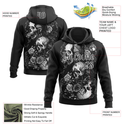 Custom Black White 3D Skull Roses Gothic Vintage Grunge Art Sports Pullover Sweatshirt Hoodie
