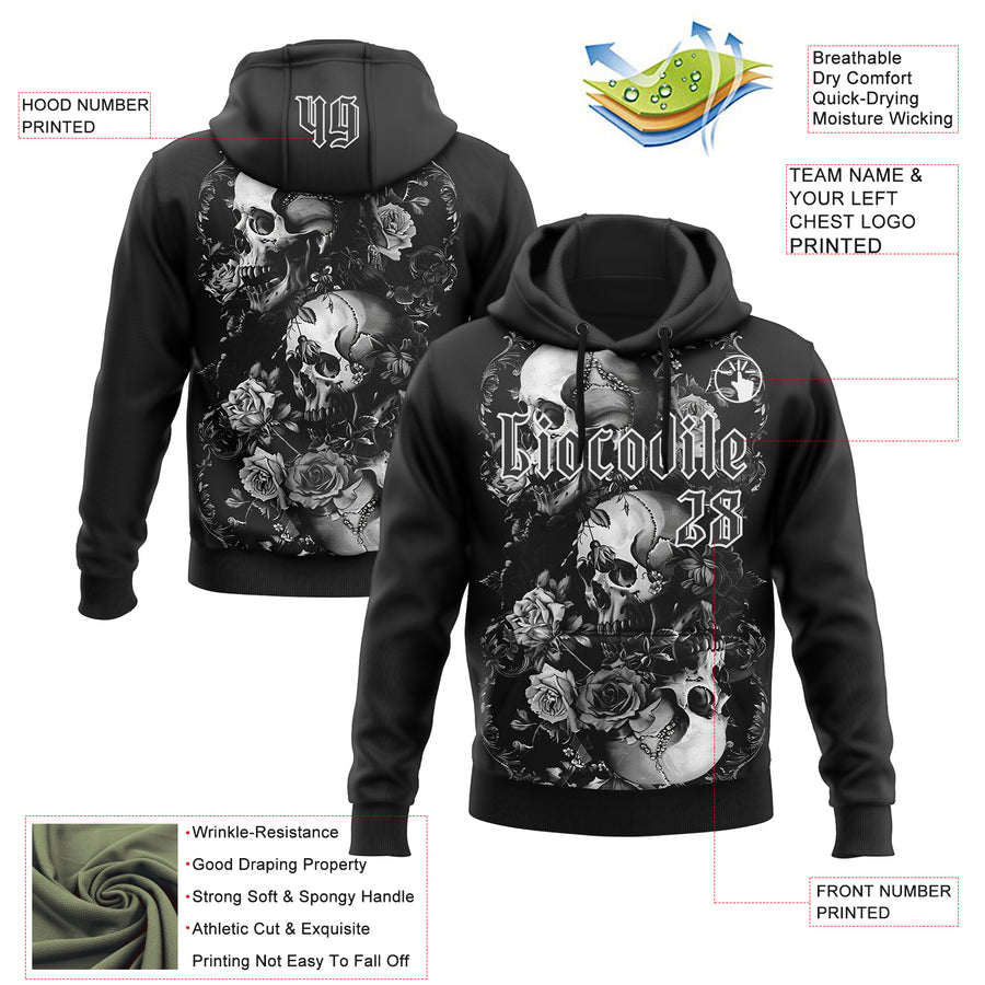 Custom Black White 3D Skull Roses Gothic Vintage Grunge Art Sports Pullover Sweatshirt Hoodie