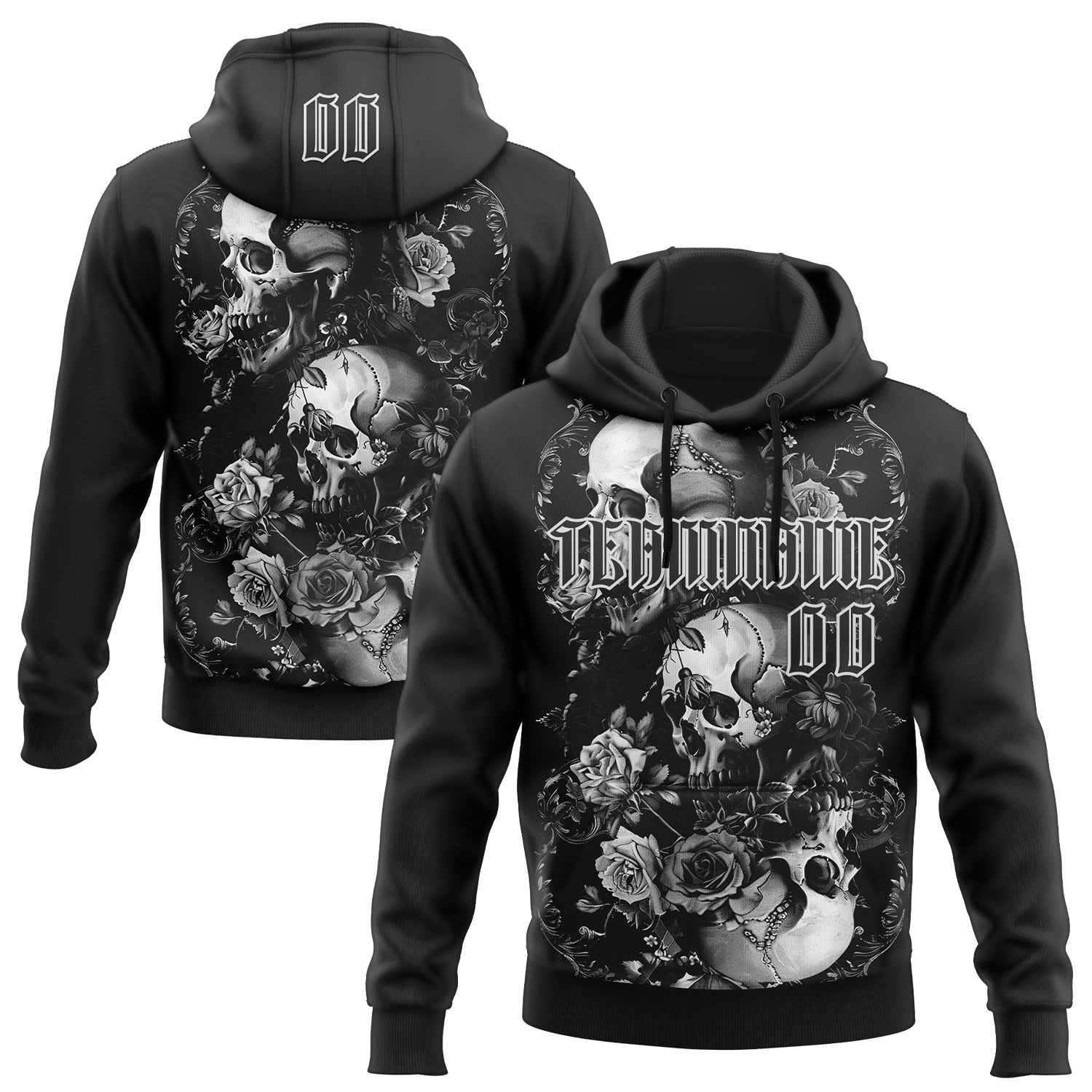 Custom Black White 3D Skull Roses Gothic Vintage Grunge Art Sports Pullover Sweatshirt Hoodie