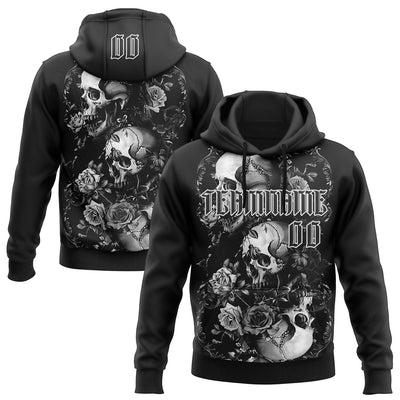 Custom Black White 3D Skull Roses Gothic Vintage Grunge Art Sports Pullover Sweatshirt Hoodie