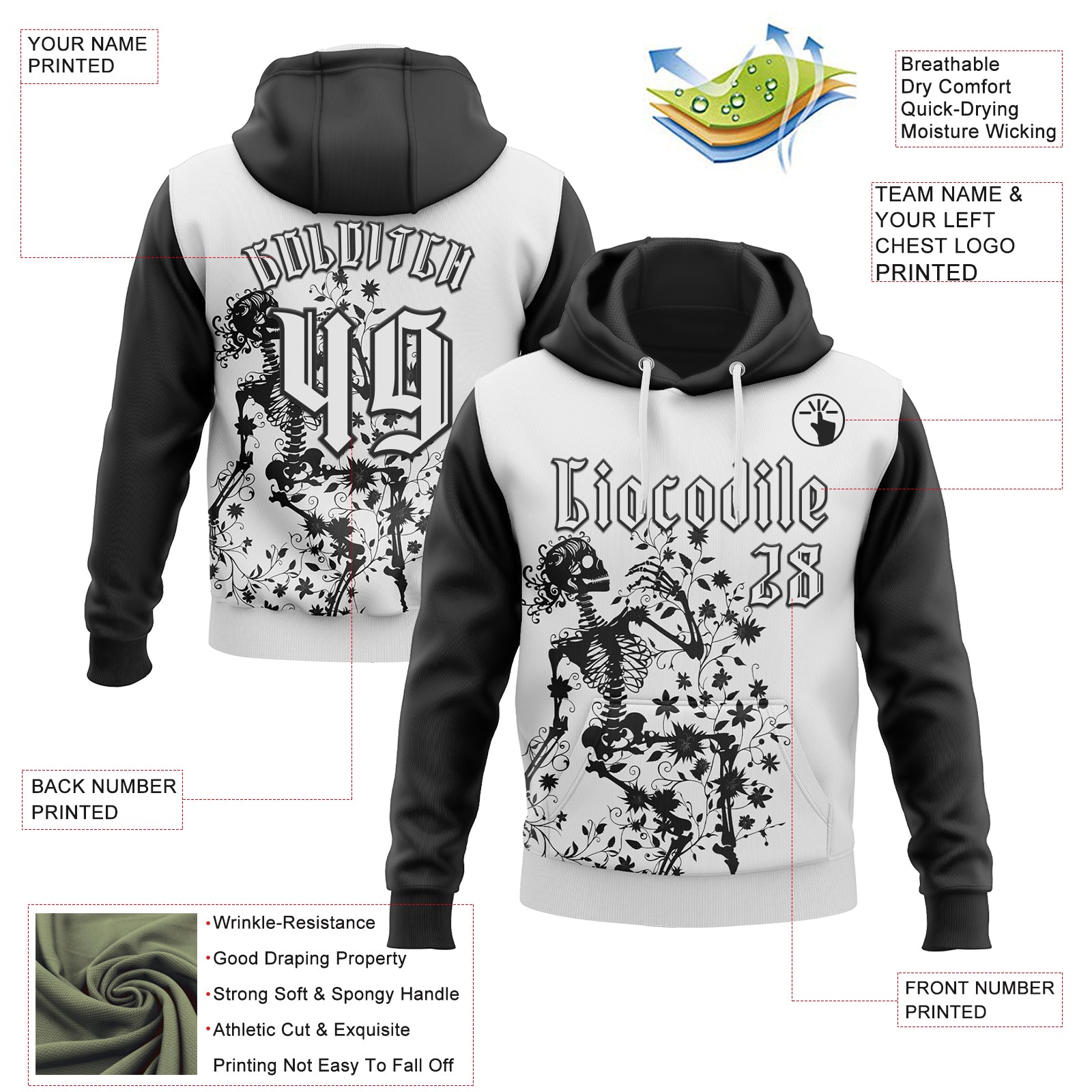 Custom White Black 3D Skull Gothic Floral Sports Pullover Sweatshirt Hoodie