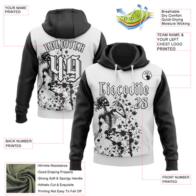 Custom White Black 3D Skull Gothic Floral Sports Pullover Sweatshirt Hoodie