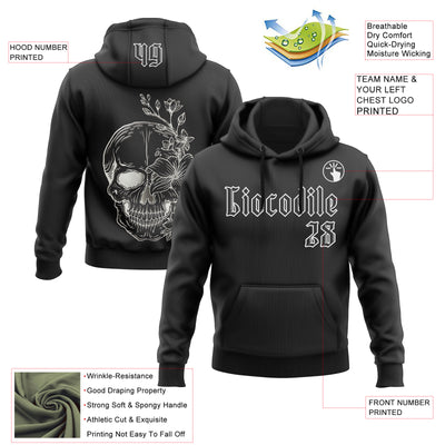 Custom Black White 3D Skull Gothic Floral Sports Pullover Sweatshirt Hoodie