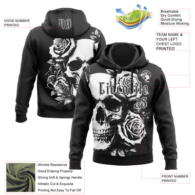 Custom Black White 3D Skull Roses Gothic Vintage Grunge Art Sports Pullover Sweatshirt Hoodie