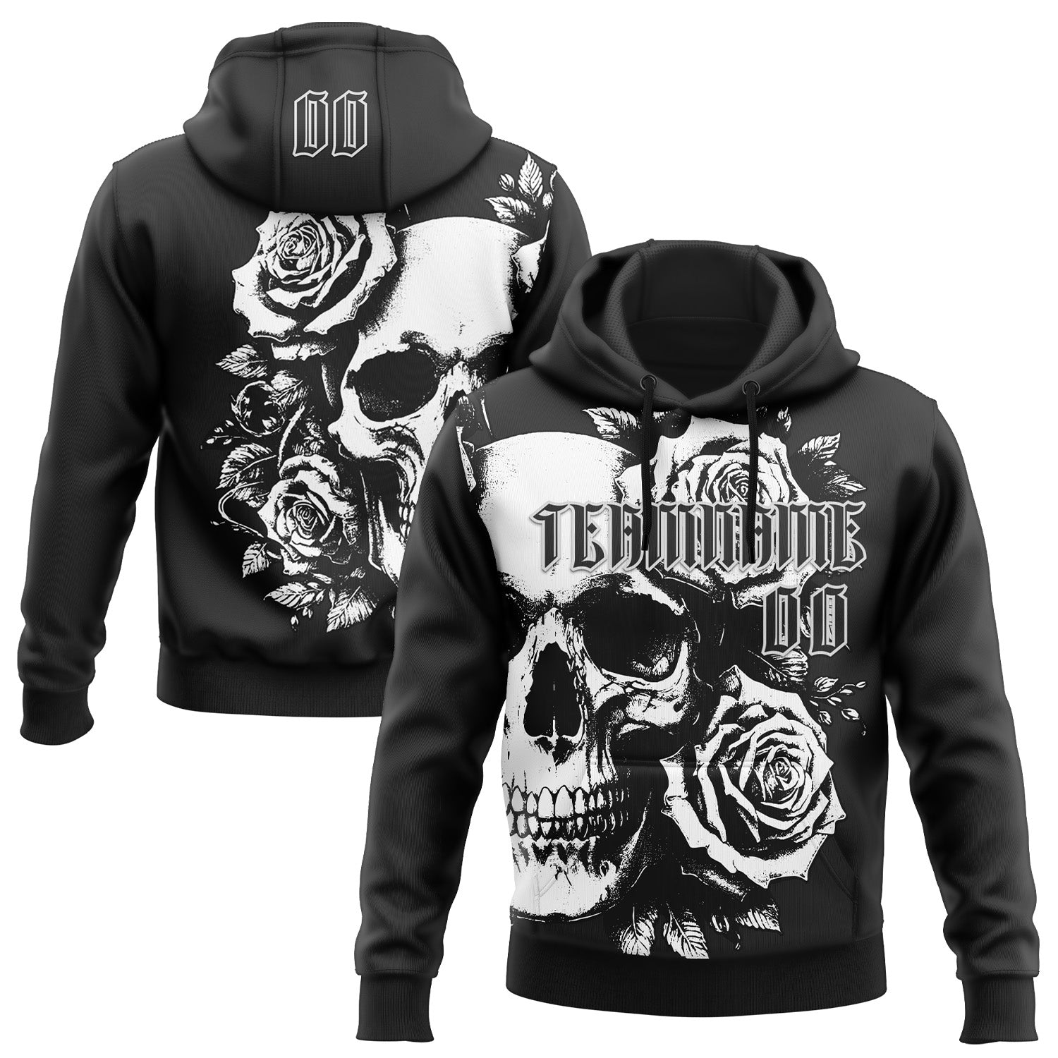 Custom Black White 3D Skull Roses Gothic Vintage Grunge Art Sports Pullover Sweatshirt Hoodie