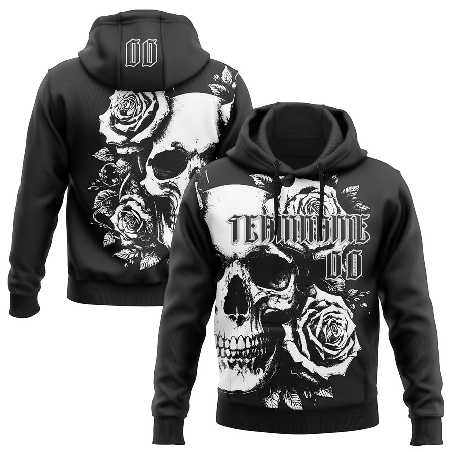 Custom Black White 3D Skull Roses Gothic Vintage Grunge Art Sports Pullover Sweatshirt Hoodie