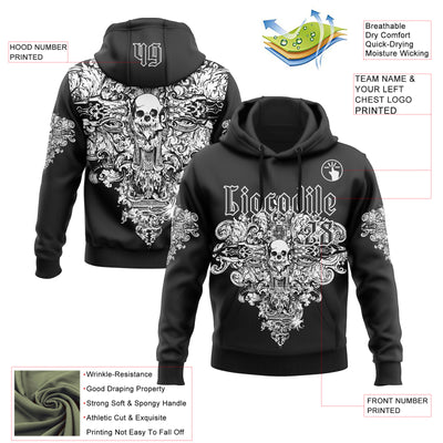 Custom Black White 3D Skull Gothic Floral Vintage Sports Pullover Sweatshirt Hoodie