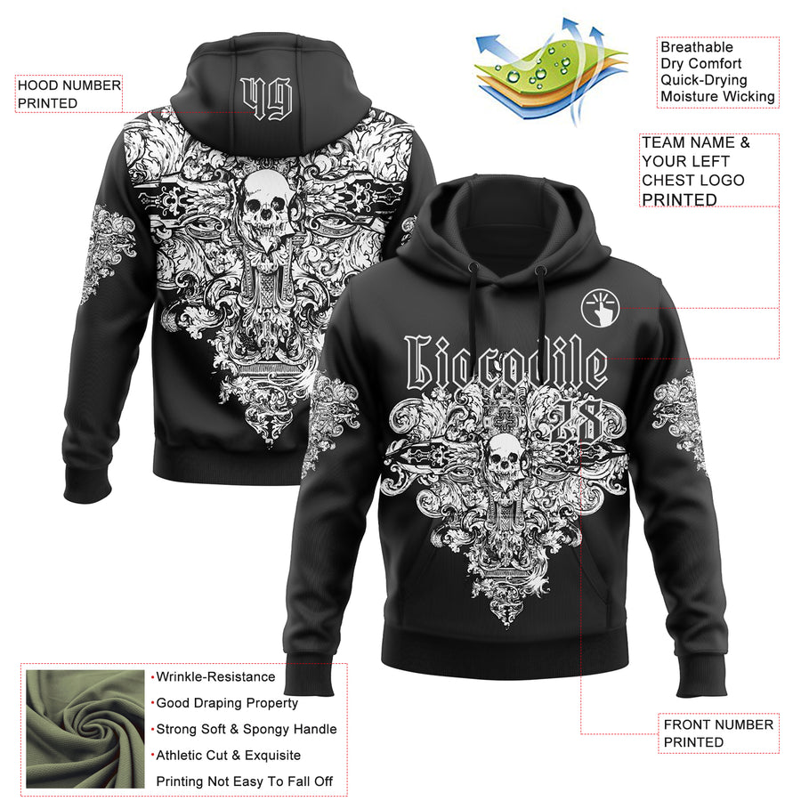 Custom Black White 3D Skull Gothic Floral Vintage Sports Pullover Sweatshirt Hoodie