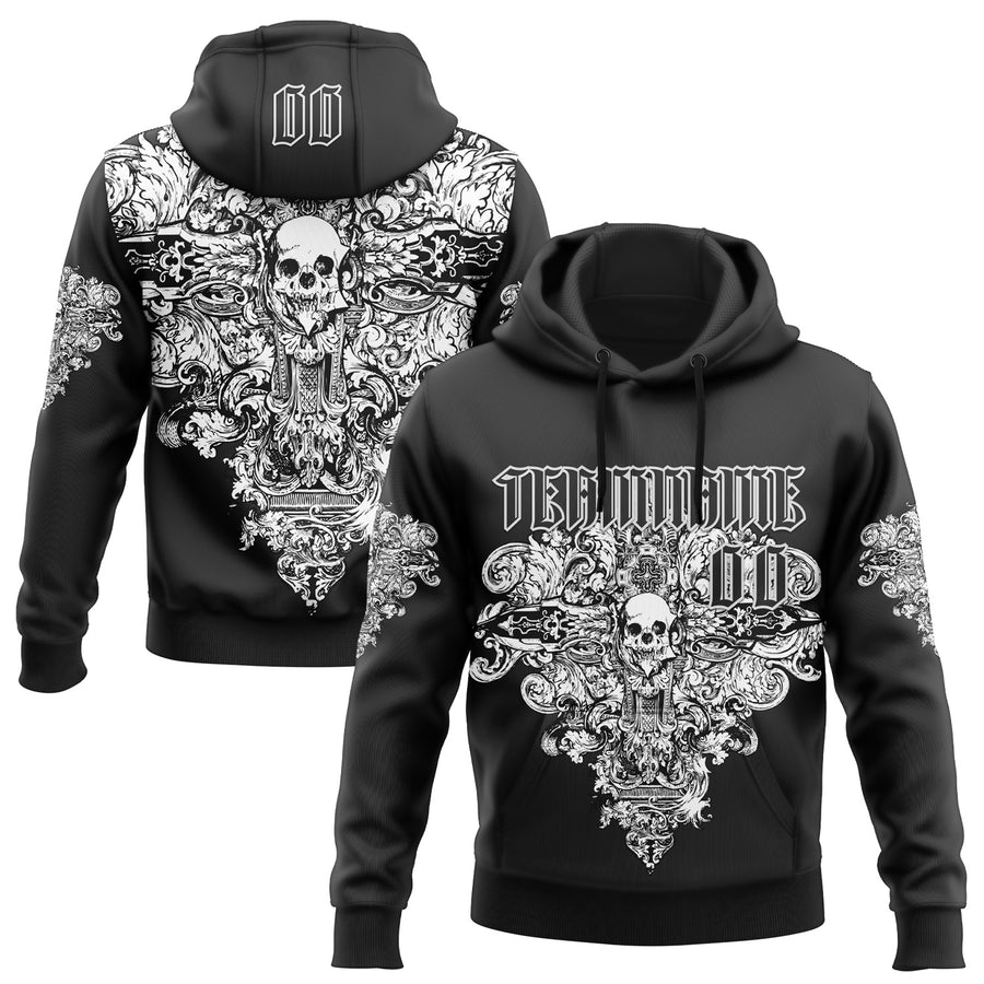 Custom Black White 3D Skull Gothic Floral Vintage Sports Pullover Sweatshirt Hoodie