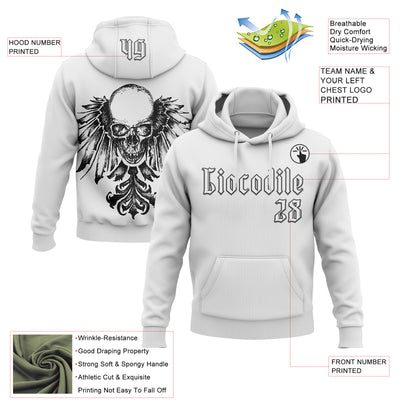 Custom White Black 3D Skull Gothic Heraldic Wing Vintage Sports Pullover Sweatshirt Hoodie