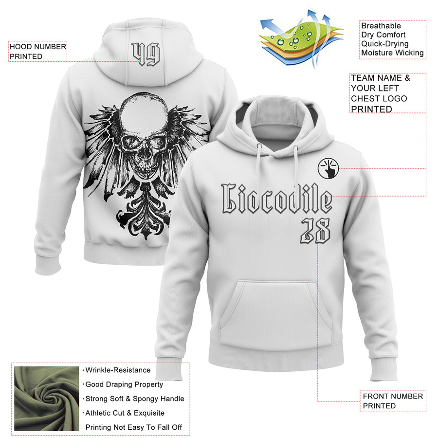 Custom White Black 3D Skull Gothic Heraldic Wing Vintage Sports Pullover Sweatshirt Hoodie