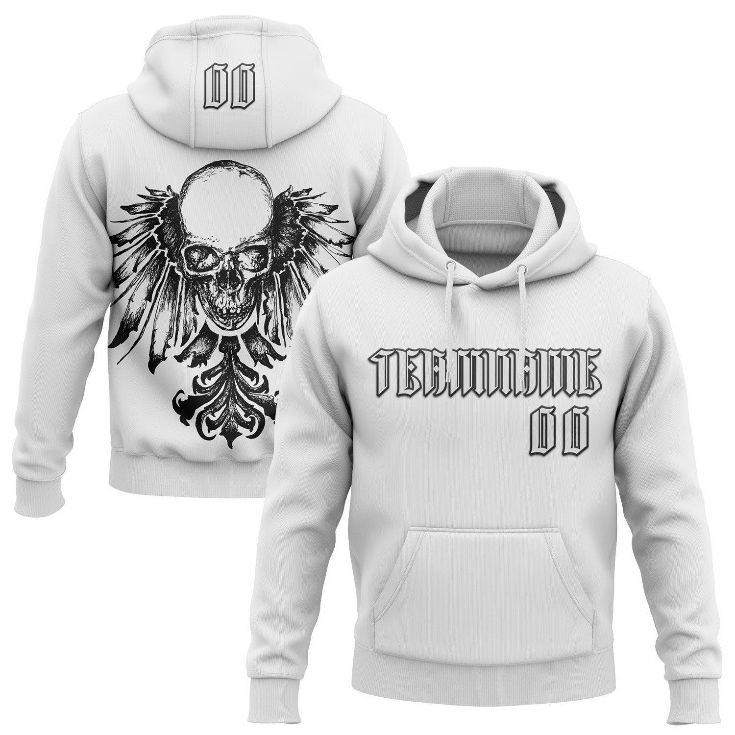 Custom White Black 3D Skull Gothic Heraldic Wing Vintage Sports Pullover Sweatshirt Hoodie